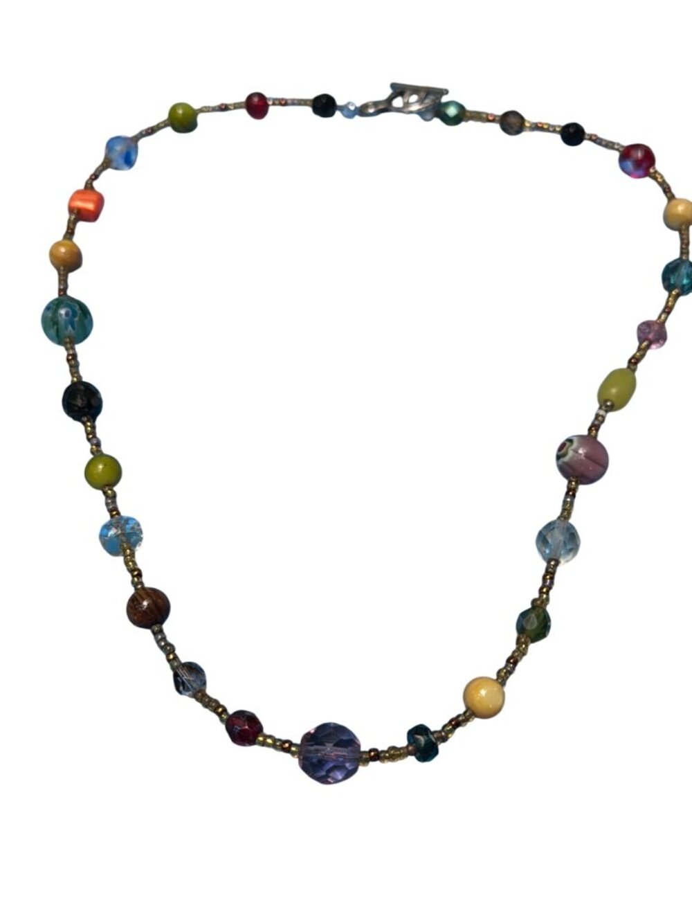 Vintage Seed Bead Murano Glass Necklace Agate Aurora Borealis Coating Toggle 19"